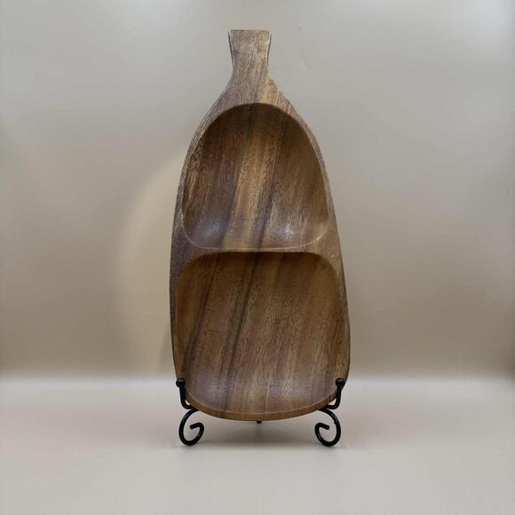 Vintage Hand Carved Monkey Pod Divided Dish 13" Bottle Shape Mid Century Tiki - Picture 7 of 9